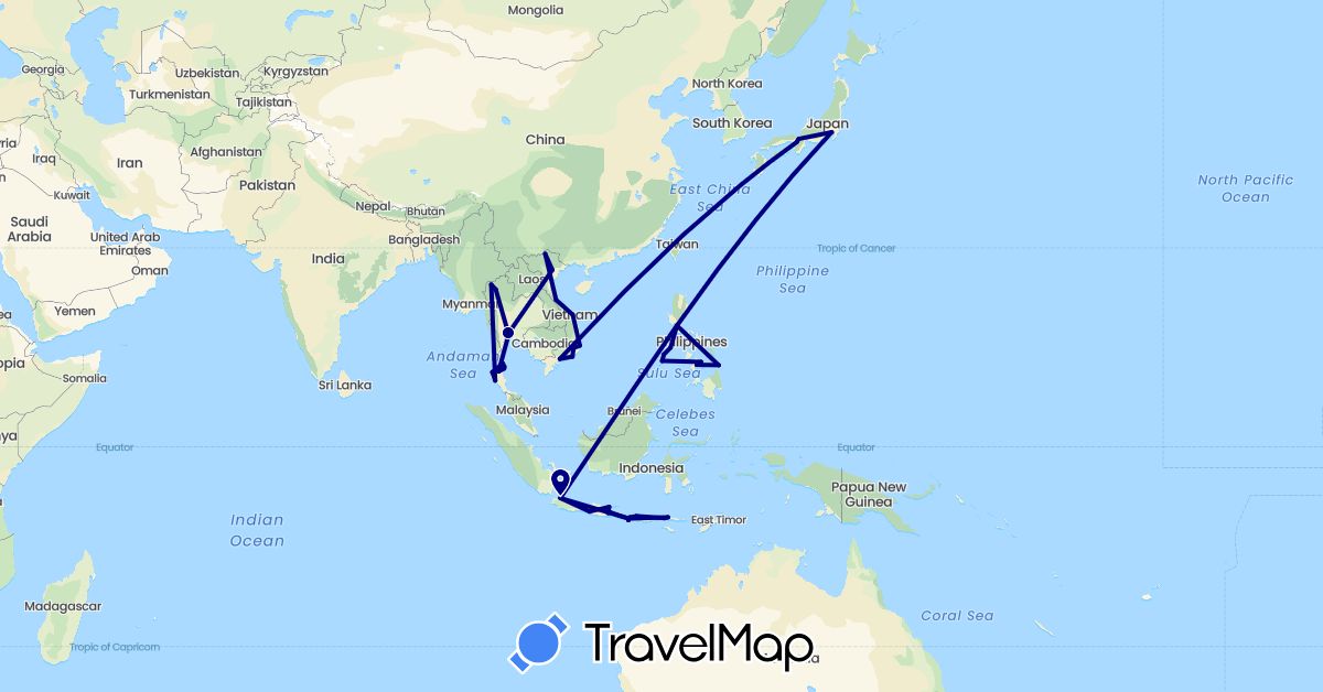 TravelMap itinerary: driving in Indonesia, Japan, Philippines, Thailand, Vietnam (Asia)